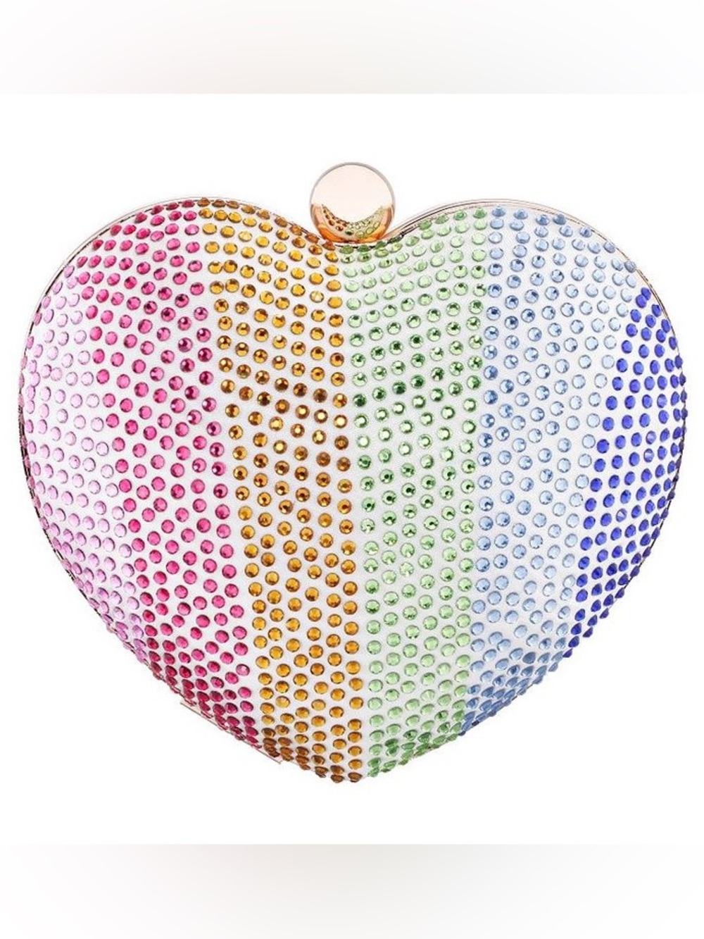 Crystal Heart Rainbow Bedazzled Clutch - Multicolor Rhinestone with Gold Chain